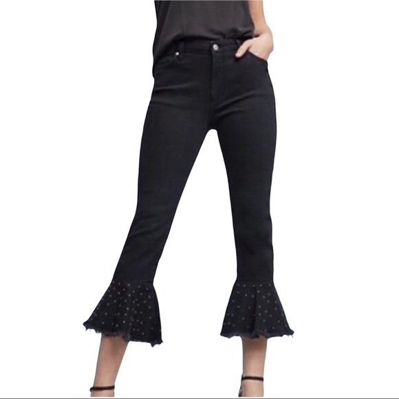 Anthropologie Black Crop Ruffle Jean Pants Size 28 - Picture 1 of 16
